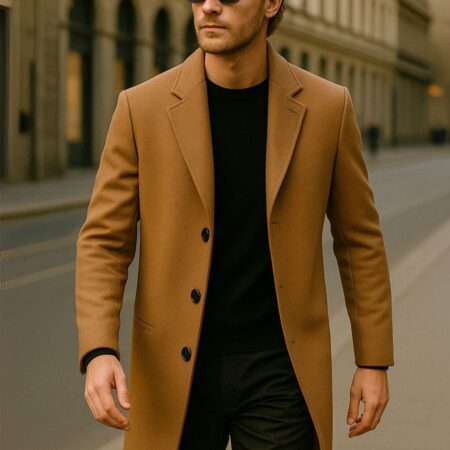 Men’s Classic Camel Wool Overcoat – Solid Tailored Smart Casual Coat