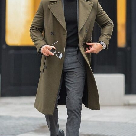 Modern Slim Fit Olive Clay Cashmere Wool Overcoat for Men