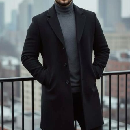Classic Black Cashmere Wool Overcoat for Men