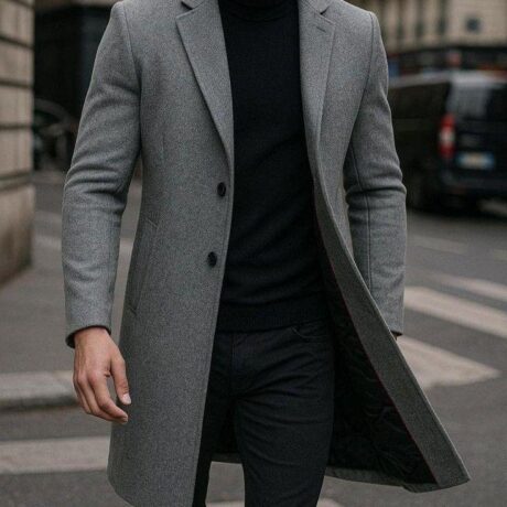 Men’s Grey Modern Slim Fit Overcoat – Super 130’s Solid Premium Coat