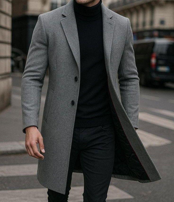 Men’s Grey Modern Slim Fit Overcoat – Super 130’s Solid Premium Coat